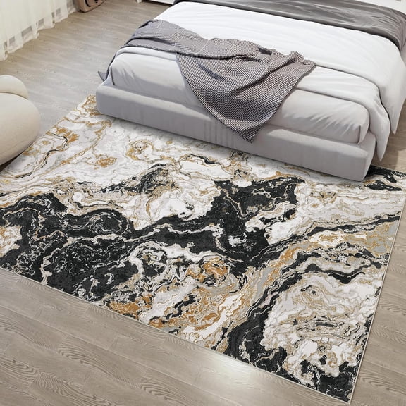 Black Washable Carpet 8x10ft, Abstract Marble Design Area Rug Stain-Resistant for Large Living Room Bedroom High Traffic Areas