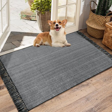 Black Washable Kitchen Rug - 2x3 Small Boho Woven Area Rug with Tassel, Washable Entryway Rug for Bathroom Kitchen Indoor Bedroom, Cotton