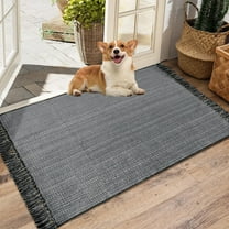 Black Washable Kitchen Rug - 2x3 Small Boho Woven Area Rug with Tassel, Washable Entryway Rug for Bathroom Kitchen Indoor Bedroom, Cotton