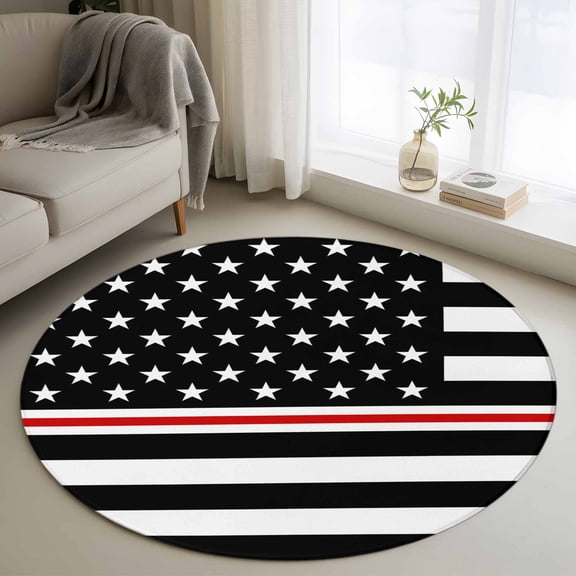 Black and Washable Round Area Rug 3 ft, Red Texture Traditional United States Flag, Soft Non Slip Rugs Stain Repellent Indoor Felt Carpet for Living Dining Room Bedroom Home Office