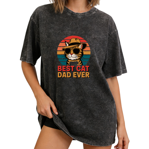 Black Washed Best Cat Dad Ever Retro Cat Trendy Tshirt Printed Tees Shirts Cat Lover Fathers Day Gift Casual Vacation S-2XL Tops