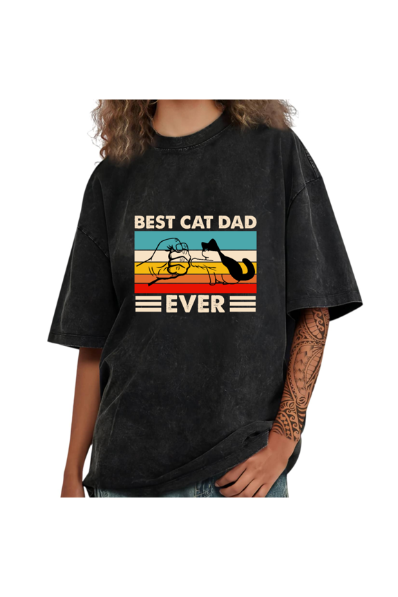 Black Washed Best Cat Dad Ever Striped Fist Bump Cat Print Tshirt Graphic Tees Shirts Fathers Day Gift S-2XL Tops