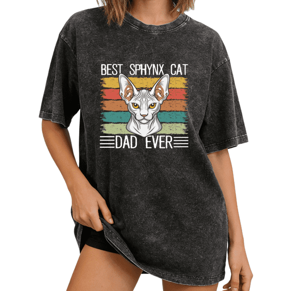 Black Washed Best Sphynx Cat Dad Ever Retro Cat Trendy Tshirt Printed Tees Shirts Cat Lover Gift Fathers Day S-2XL Tops