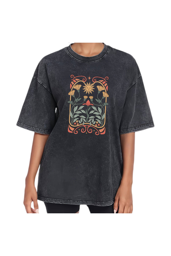 Black Washed Boho Sun Floral Print Tshirt Graphic Tees Shirts Vintage Washed Cotton Casual S 2XL Tops