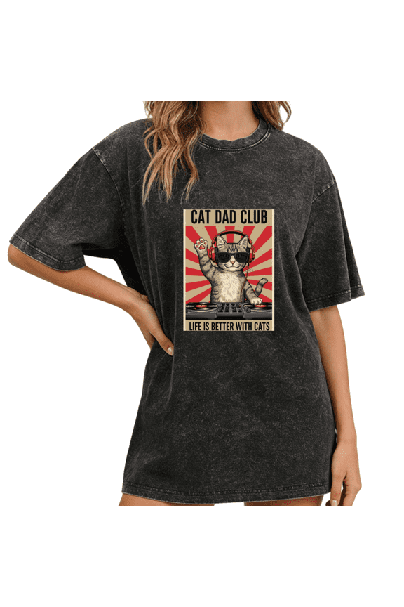 Black Washed Cat Dad Club Cool DJ Cat Print Tshirt Graphic Tees Shirts Cat Dad Music Lover S-2XL Tops
