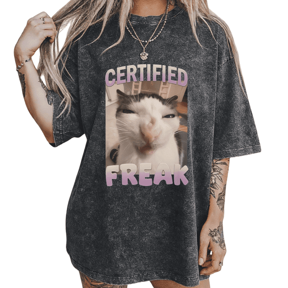 Black Washed Cat Face Meme S-2XL Print Tshirt Graphic Tees Shirts Weird ...