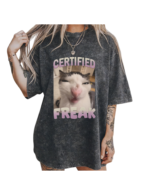 Black Washed Cat Face Meme S-2XL Print Tshirt Graphic Tees Shirts Weird Cat surprise Fashion Tops