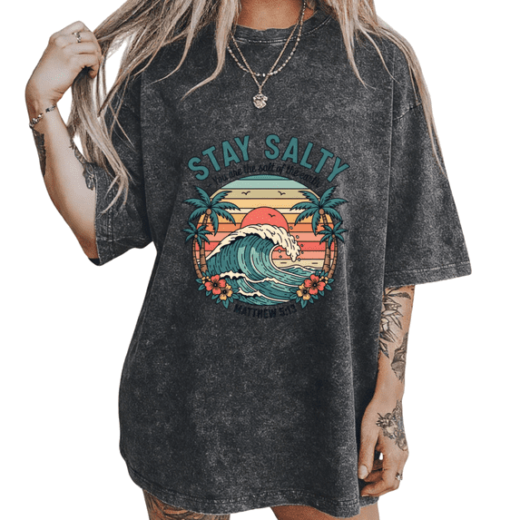Black Washed Christian Stay Salty Beach Sunset Floral Print T-Shirt Graphic Tees Shirts Ocean Streetwear S-2XL Mystical Tops