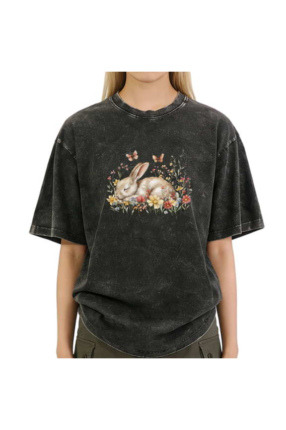 Black Washed Clean Easter Bunny Butterflies Print Tshirt Graphic Tees Shirts Holiday Gift S-2XL Tops