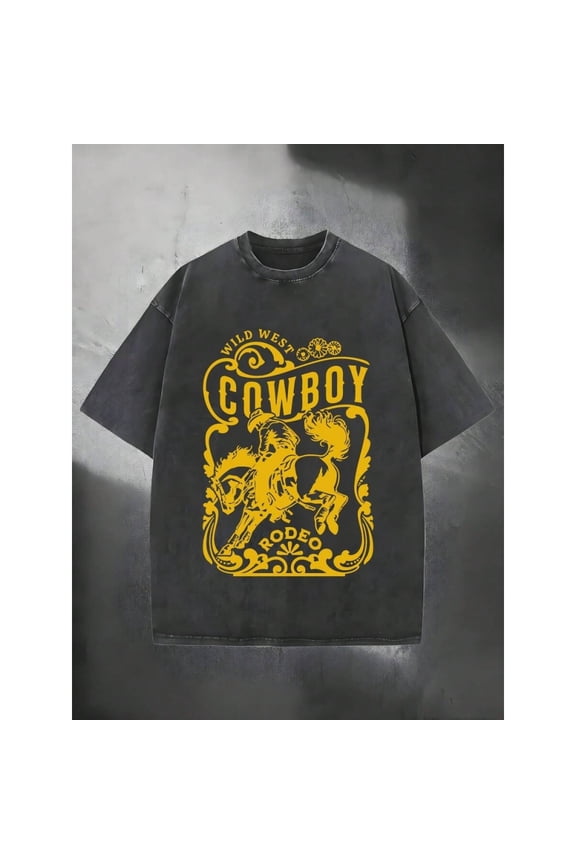 Black Washed Cotton Graphic T-Shirt, Wild West Cowboy Rodeo Print, Oversized Crew Neck Casual Streetwear Tee