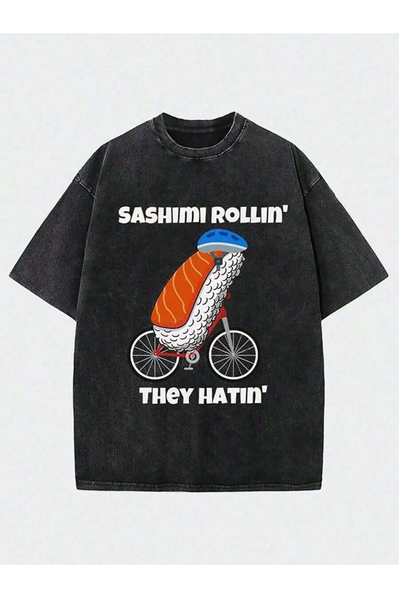 Black Washed Cotton Oversized Crew Neck Graphic Tee With Sushi Riding Bike Print