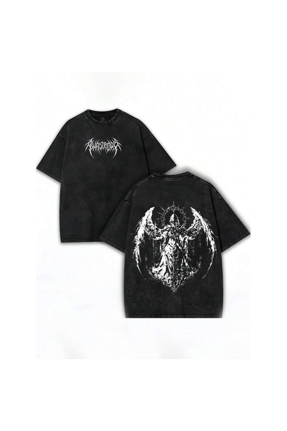 Black Washed Cotton Oversized Graphic T-Shirt With Front Logo And Back Angel Print