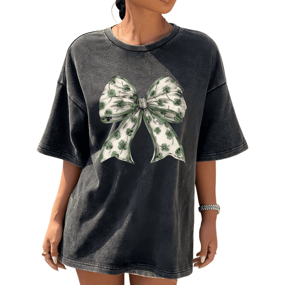 Black Washed Cotton Print Tshirt Graphic Tees Shirts Womens S-2XL St Patricks Day Clover Bow Pattern Tops