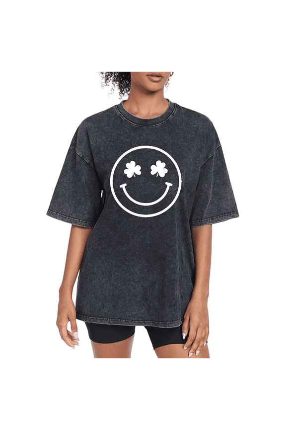 Black Washed Cotton Print Tshirt Graphic Tees Shirts Womens S-2XL St Patricks Day Shamrock Smile Face Tops