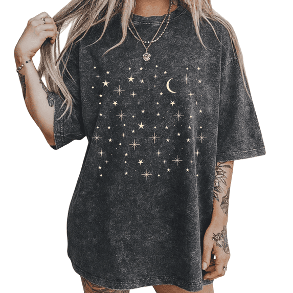 Black Washed Crescent Moon Starry S-2XL Print Tshirt Graphic Tees Shirts Mystical Fashion Tops