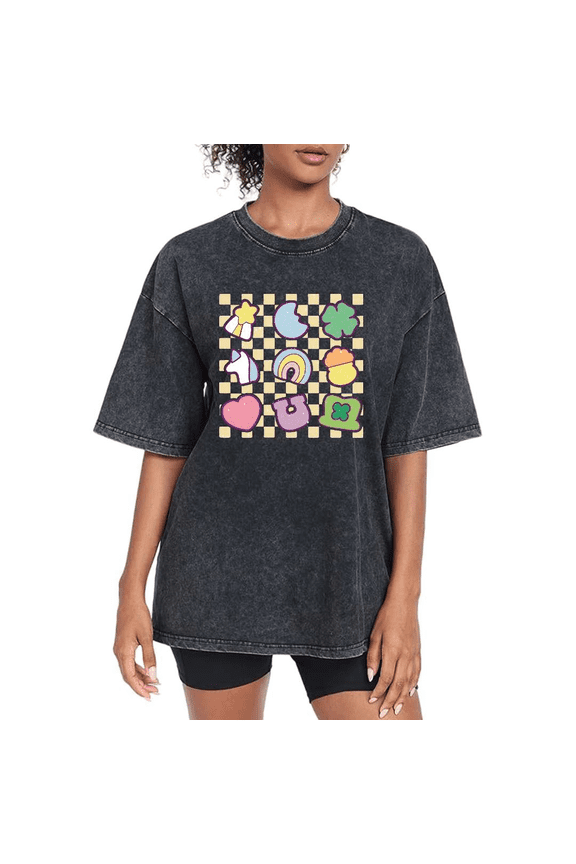 Washed Black Graphic Tees Print Tshirt St. Patrick's Day Checkered Cartoon Elements Clover Star Rainbow Shirts Playful Festive Tops S-2XL