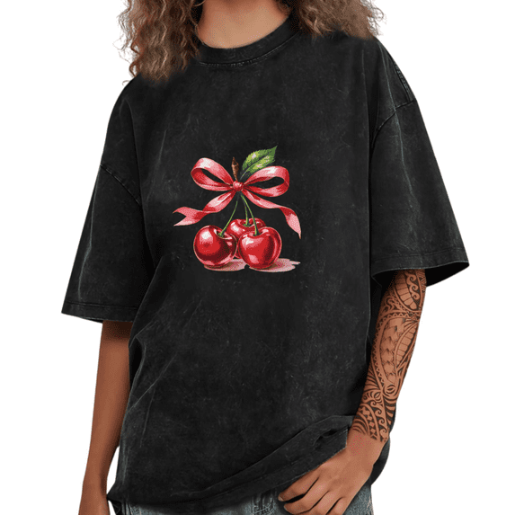 Black Washed Cute Cherry Bow Print Tshirt Graphic Tees Coquette Style Shirts S-2XL Tops