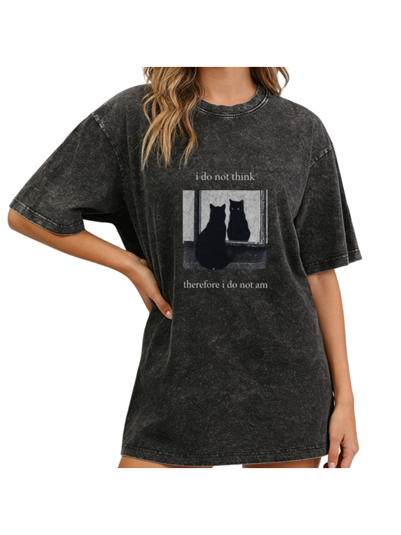 Black Washed Funny Black Cat Mirror Quote Print Tshirt Graphic Tees Shirts S-2XL Intellectual Cat Lover Tops