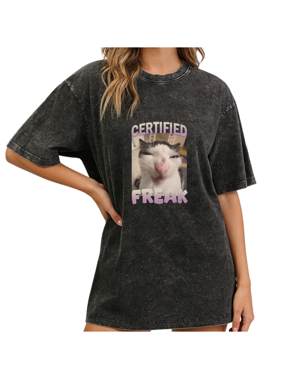 Black Washed Funny Cat Face Meme Print Tshirt Graphic Tees Shirts S-2XL Weird Cat Lover Gift Tops