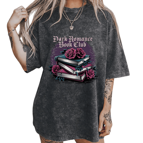 Black Washed Gothic Academia Rose Book Stack Dark Romance Literary Club Print T-Shirt Graphic Tees Shirts Reader Streetwear S-2XL Mystical Tops