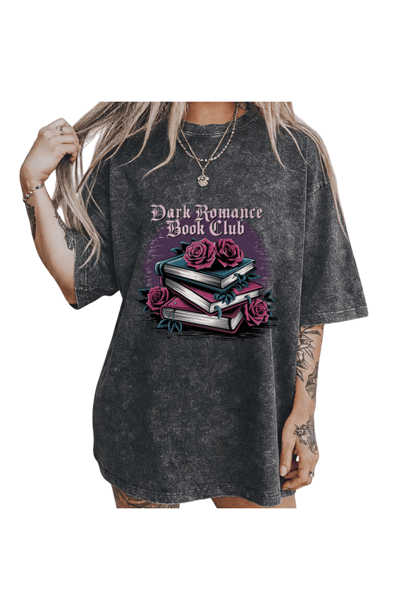 Black Washed Gothic Academia Rose Book Stack Dark Romance Literary Club Print T-Shirt Graphic Tees Shirts Reader Streetwear S-2XL Mystical Tops