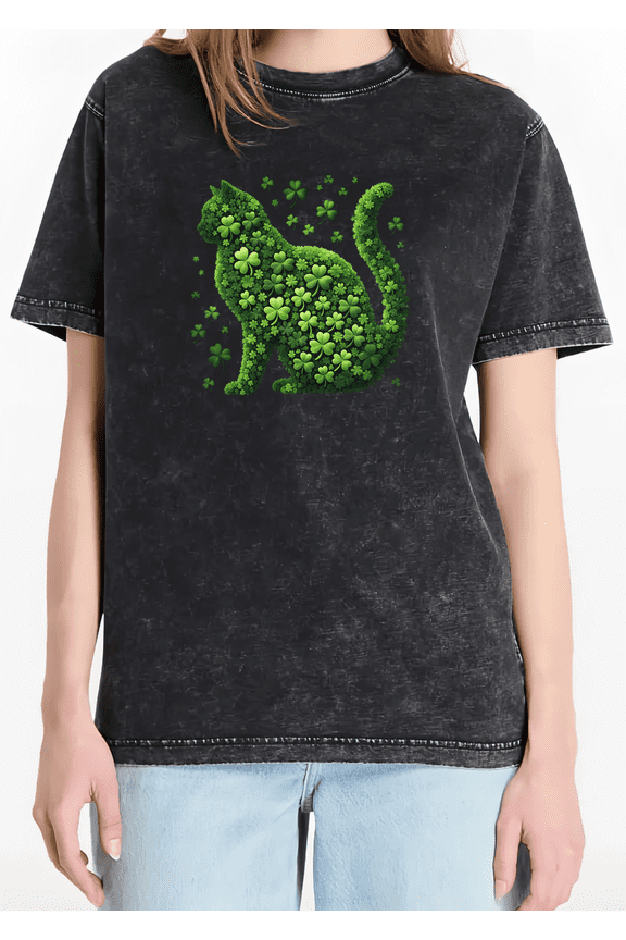 Washed Black Cat Clover Print Tshirt Graphic Tees St. Patrick's Day Shirts S-2XL Tops