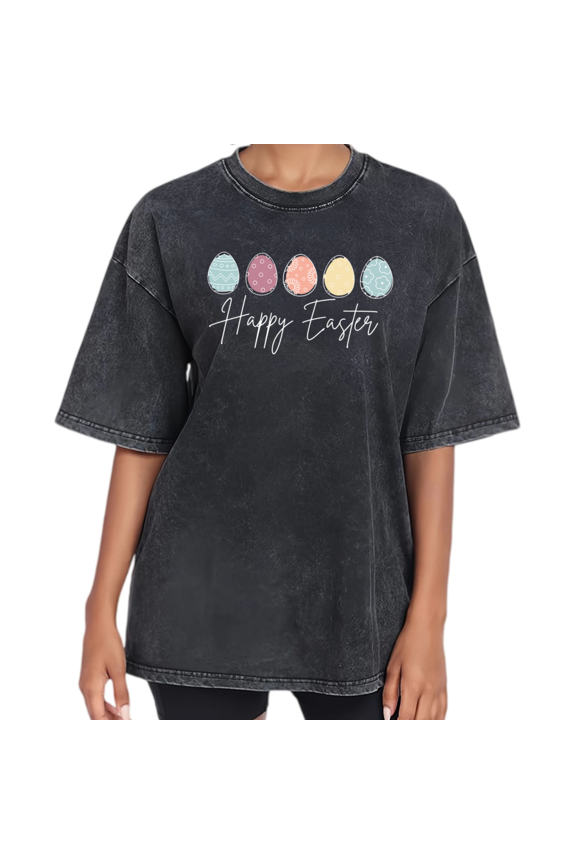 Black Washed Happy Easter Eggs Print Tshirt Graphic Tees Vintage Easter Holiday Spring Shirts Women S to 2XL Tops