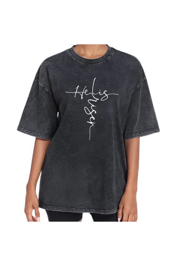 Black Washed He Is Risen Christian Cross Print Tshirt Graphic Tees Vintage Faith Easter Jesus Shirts S to 2XL Tops
