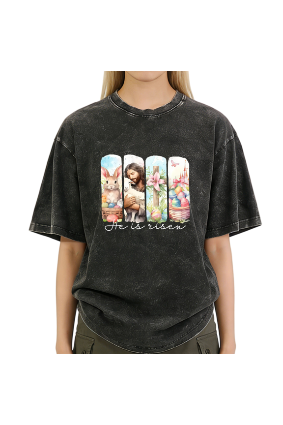 Black Washed He Is Risen Easter Bunny Eggs Tshirt Graphic Tees Shirts Christian Holiday Gift S-2XL Tops