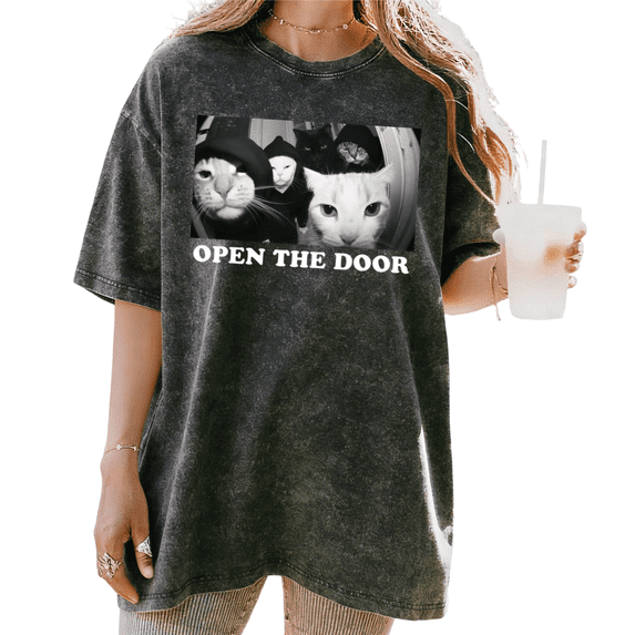 Black Washed Open The Door Cat Gang Meme Graphic Tees Print Tshirt Shirts Casual Tops S-2XL