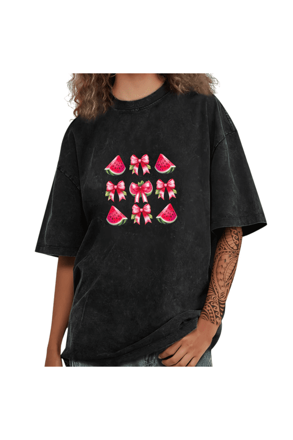 Black Washed Pink Bow Watermelon Print Tshirt Graphic Tees Fruit Shirts S-2XL Tops