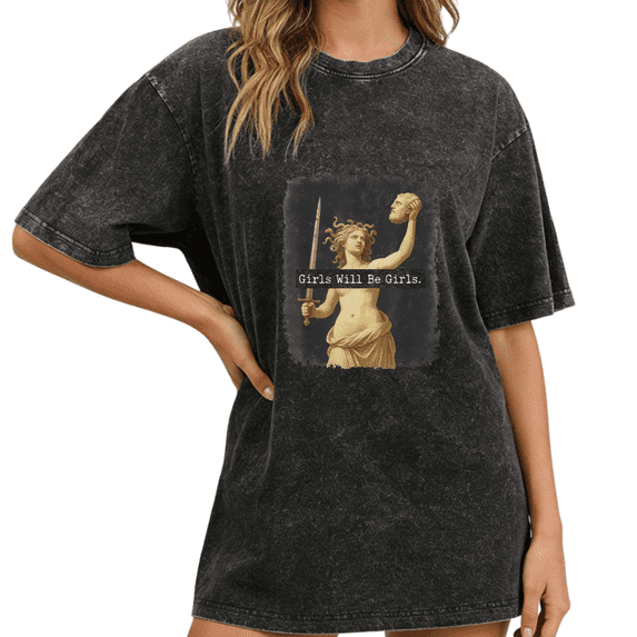 Black Washed Print T-Shirt Graphic Tees Shirts S-5XL Retro Grunge Medusa Print Girls Will Be Girls Casual Tops