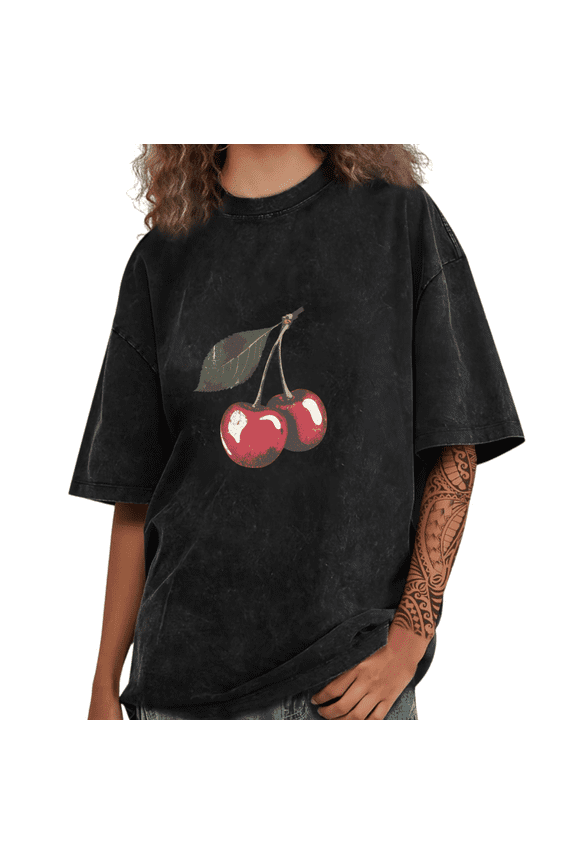 Black Washed Print Tshirt Graphic Tees Cherry Cottagecore Style Summer Shirts S-2XL Tops