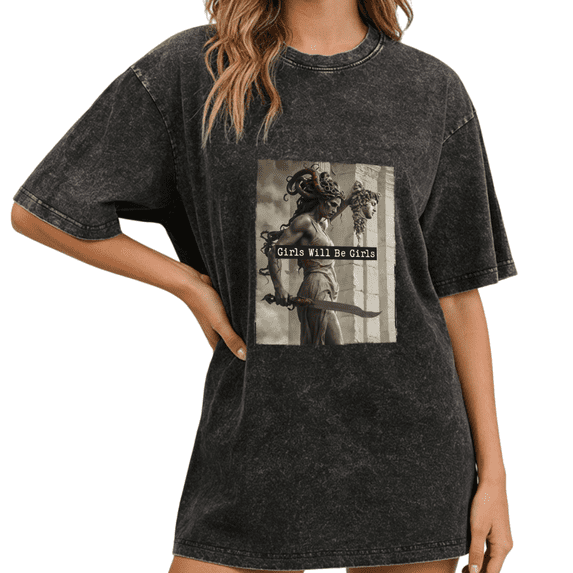 Black Washed Print Tshirt Graphic Tees Medusa Girls Will Be Girls Vintage Sculpture Shirts S-2XL Tops