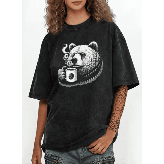 Black Washed Print Tshirt Graphic Tees Shirts Bear Drinking Coffee Funny Meme Casual Wear S-2XL Tops