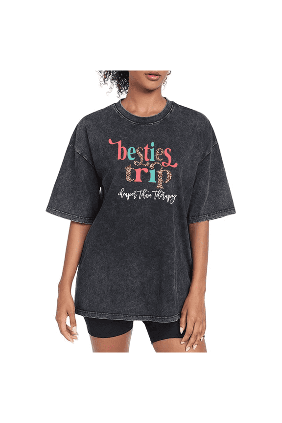 Black Washed Print Tshirt Graphic Tees Shirts Besties Trip Happier Than Therapy Themed Vacation Casual Group Travel Outfit Tops S-2XL