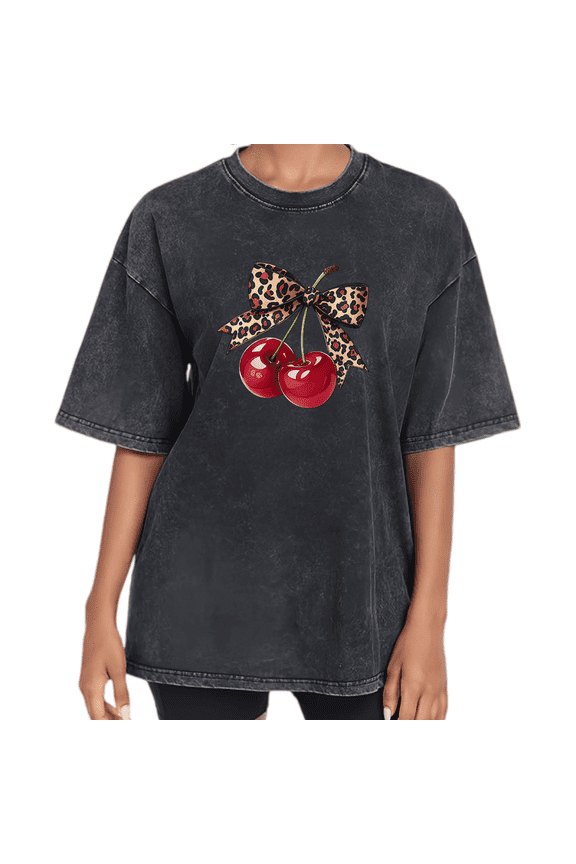 Black Washed Print Tshirt Graphic Tees Shirts Cherry Leopard Bow Vintage Casual Style Size S-2XL Tops