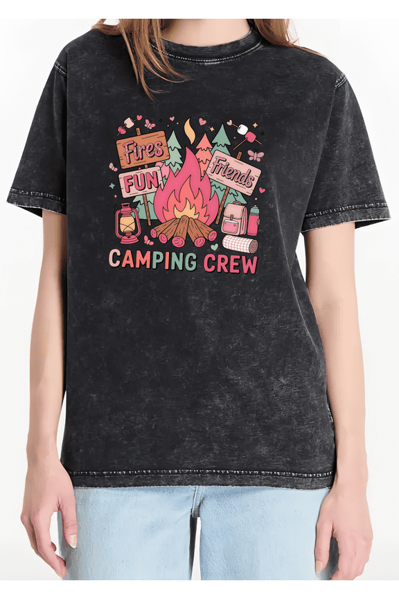 Black Washed Print Tshirt Graphic Tees Shirts Fires Fun Friends Camping Crew Themed Outdoor Adventure Casual Group Outfit Tops S-2XL