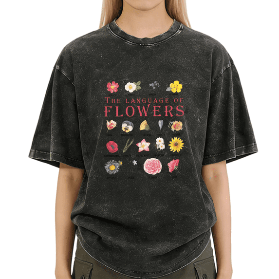 Black Washed Print Tshirt Graphic Tees Shirts Flower Language Design Casual Daily Wear S-2XL Tops