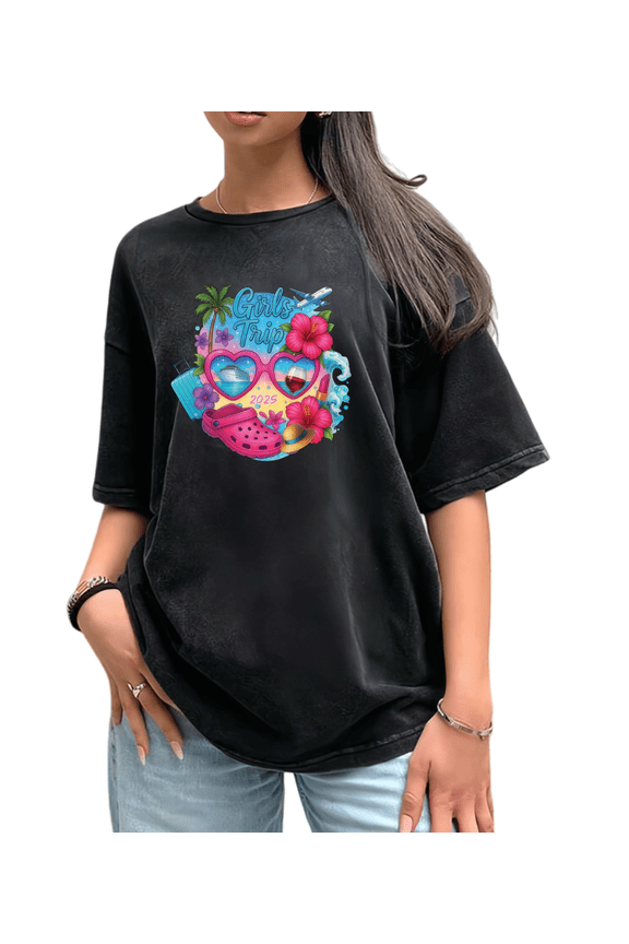 Black Washed Print Tshirt Graphic Tees Shirts Girls Trip 2025 Themed Vacation Casual Group Travel Outfit Tops S-2XL