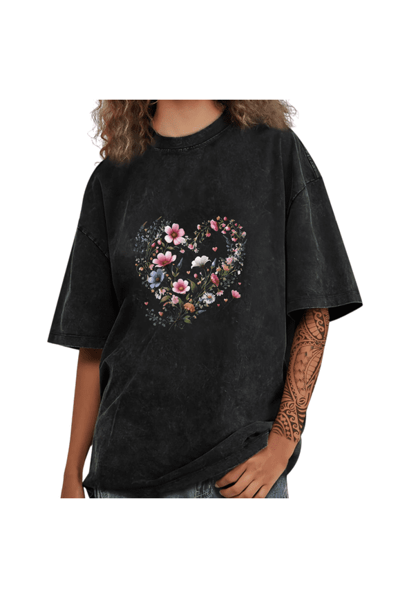 Black Washed Print Tshirt Graphic Tees Shirts Heart Floral Gen Z Cute Casual Hangout Wear S-2XL Tops