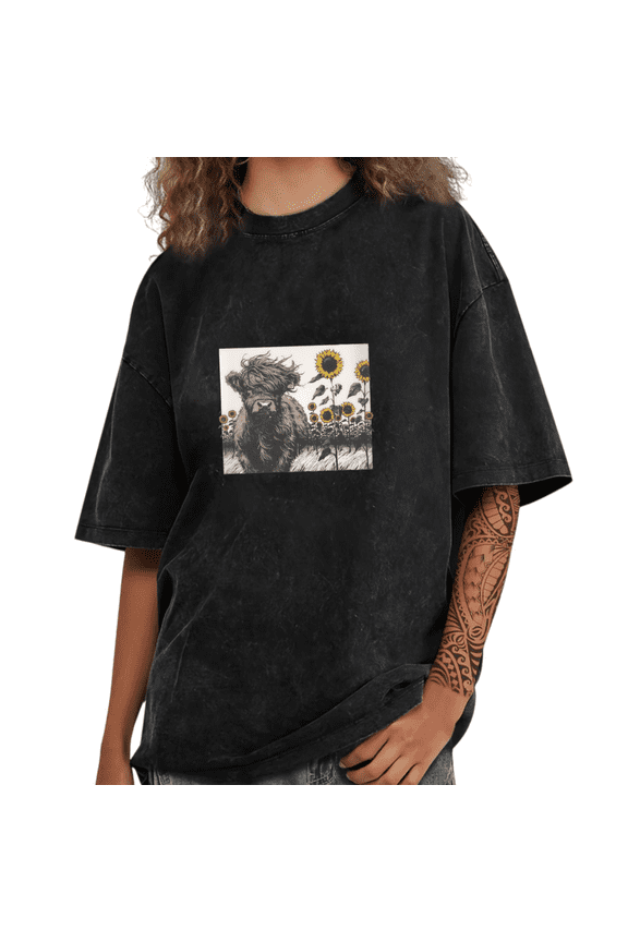 Black Washed Print Tshirt Graphic Tees Shirts Highland Cow Sunflower Coquette Inspired Personalized Graphic Wear S-2XL Tops