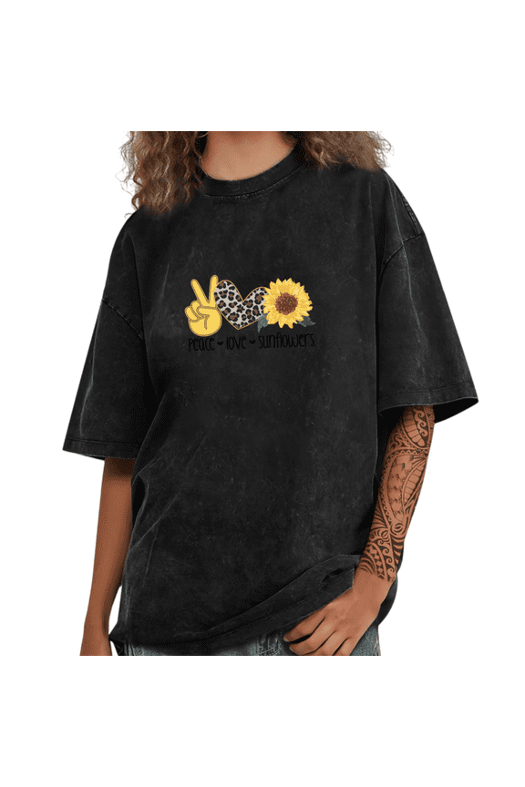 Black Washed Print Tshirt Graphic Tees Shirts Peace Love Sunflowers Casual Wear S-2XL Tops
