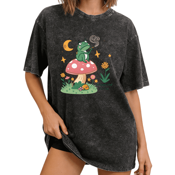 Black Washed Print Tshirt Graphic Tees Shirts Retro Cartoon Frog Humor S 2XL Tops