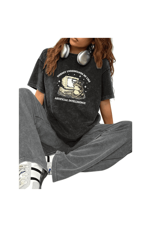 Black Washed Print Tshirt Graphic Tees Shirts Retro Frog & Computer Funny Meme Casual Wear S-2XL Tops