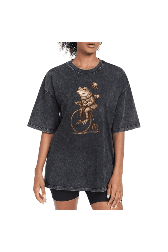 Black Washed Print Tshirt Graphic Tees Shirts Retro Frog On Penny Farthing Quirky Gentleman Humor Casual Fashion Wear S-2XL Tops