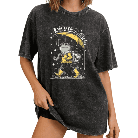 Black Washed Print Tshirt Graphic Tees Shirts Retro Rainy Day Frog Street Style Casual S 2XL Tops