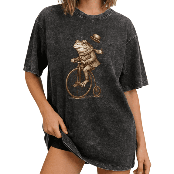 Black Washed Print Tshirt Graphic Tees Shirts Retro Victorian Frog Casual Summer S 2XL Tops