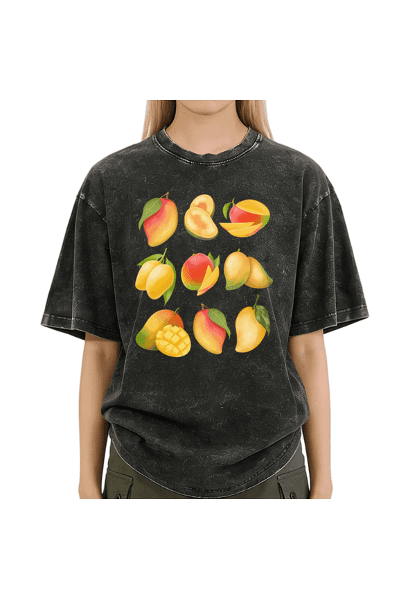 Black Washed Print Tshirt Graphic Tees Shirts S-2XL Multiple Mango Print Soft Casual Trendy Tops