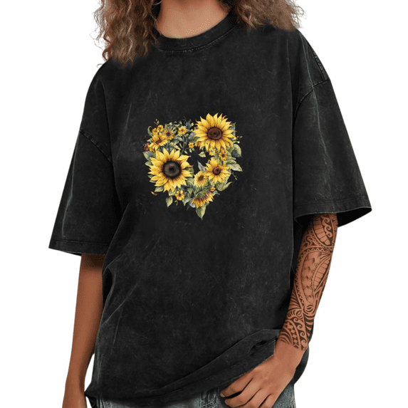 Black Washed Print Tshirt Graphic Tees Shirts Sunflower Heart Watercolor Gen Z Cute Casual Hangout Wear S-2XL Tops